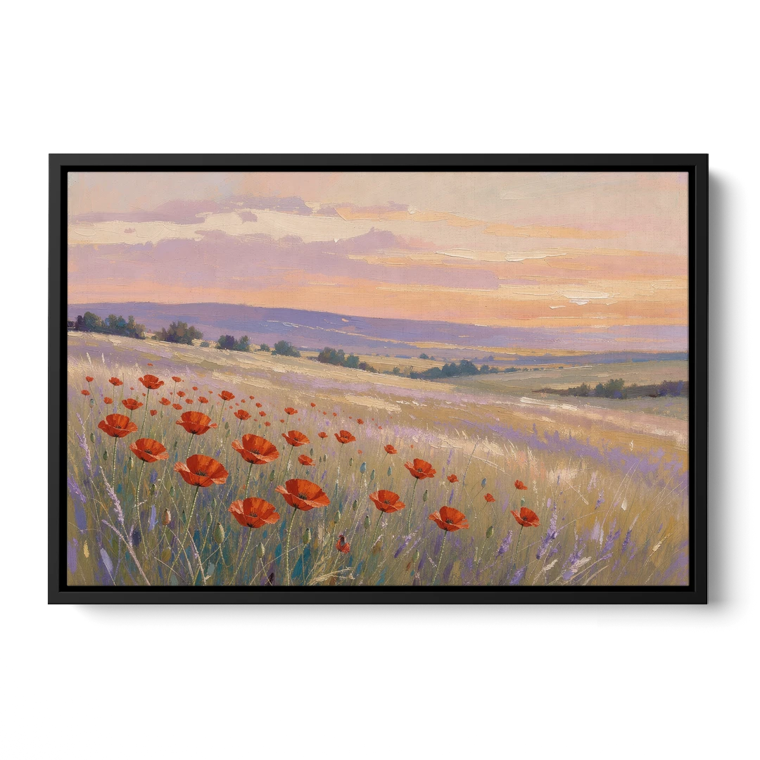 Red Poppy Meadow at Twilight - Black Framed Canvas Wall Art - Front