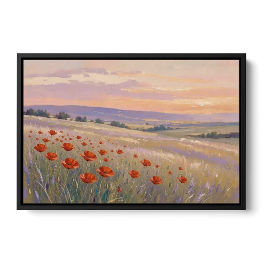 Red Poppy Meadow at Twilight - Black Framed Canvas Wall Art - Front