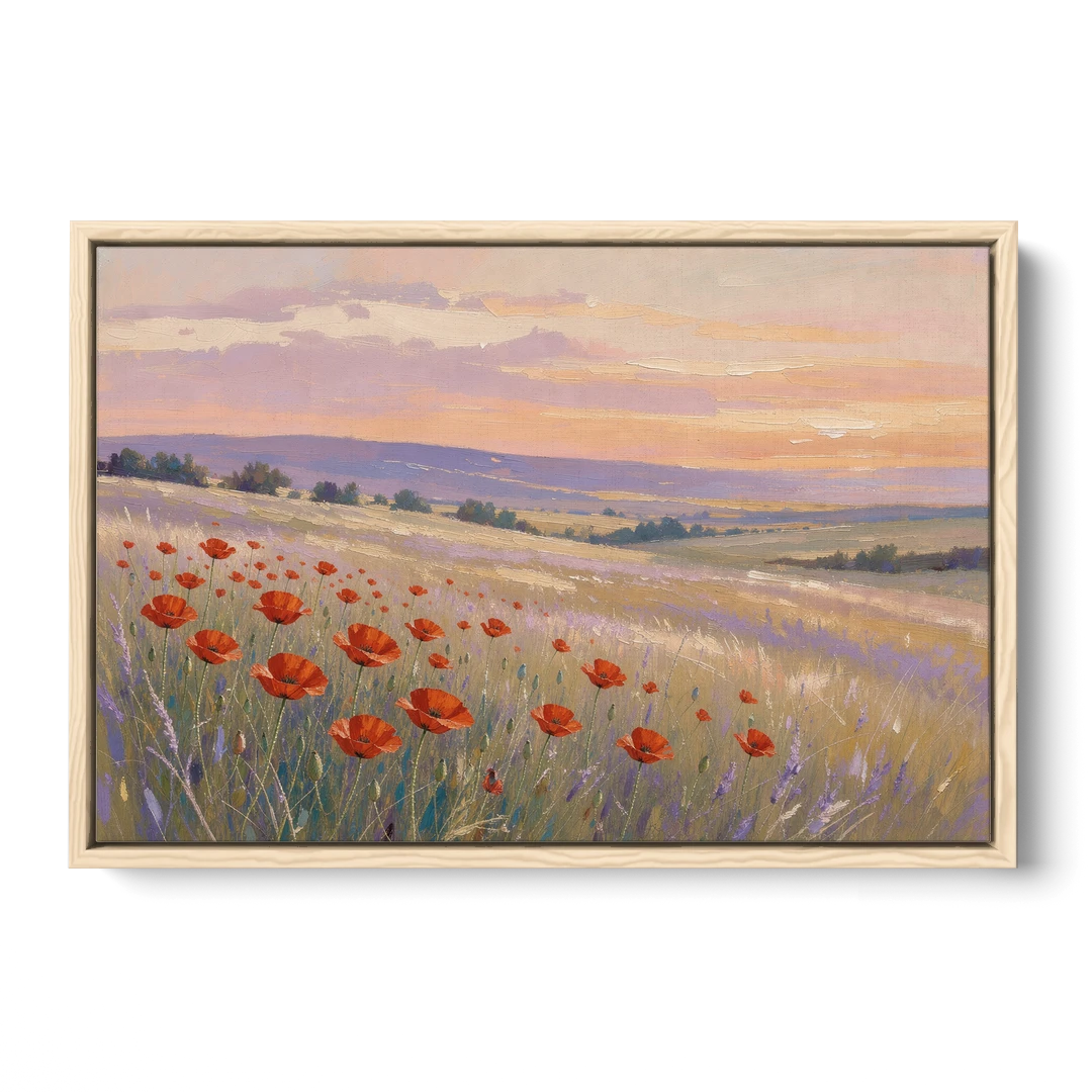 Red Poppy Meadow at Twilight - Oak Framed Canvas Wall Art - Front