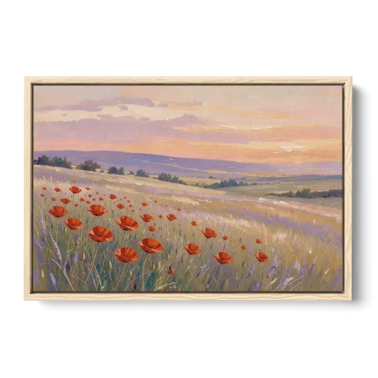 Red Poppy Meadow at Twilight - Oak Framed Canvas Wall Art - Front