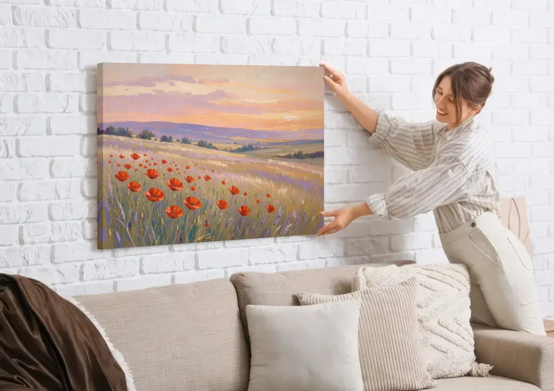 Red Poppy Meadow at Twilight canvas wall art being hung on a white brick wall above a sofa