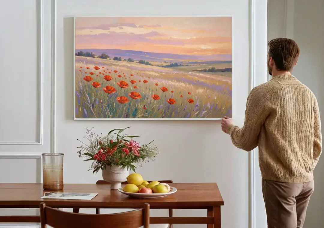 Red Poppy Meadow at Twilight canvas wall art above a dining table