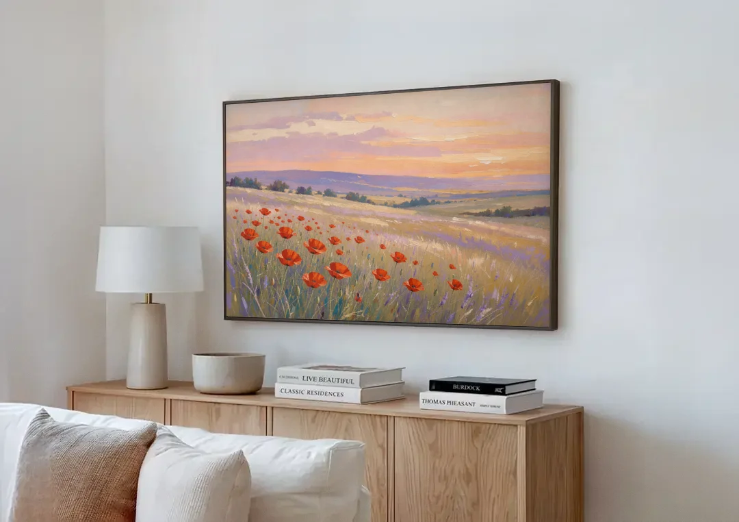 Red Poppy Meadow at Twilight canvas wall art above a wooden sideboard next to a sofa
