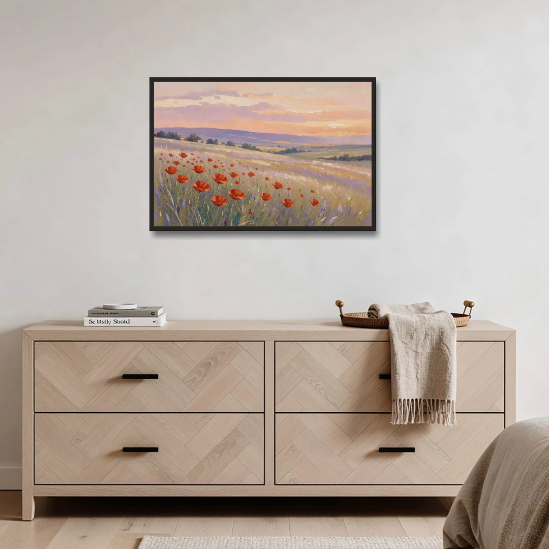 Red Poppy Meadow at Twilight - Black Framed Canvas Wall Art - Coffee Table - 36x24
