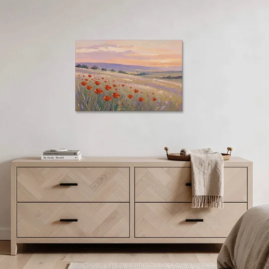 Red Poppy Meadow at Twilight - Canvas Wall Art - Coffee Table - 36x24
