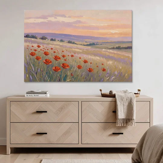 Red Poppy Meadow at Twilight - Canvas Wall Art - Coffee Table - 60x40