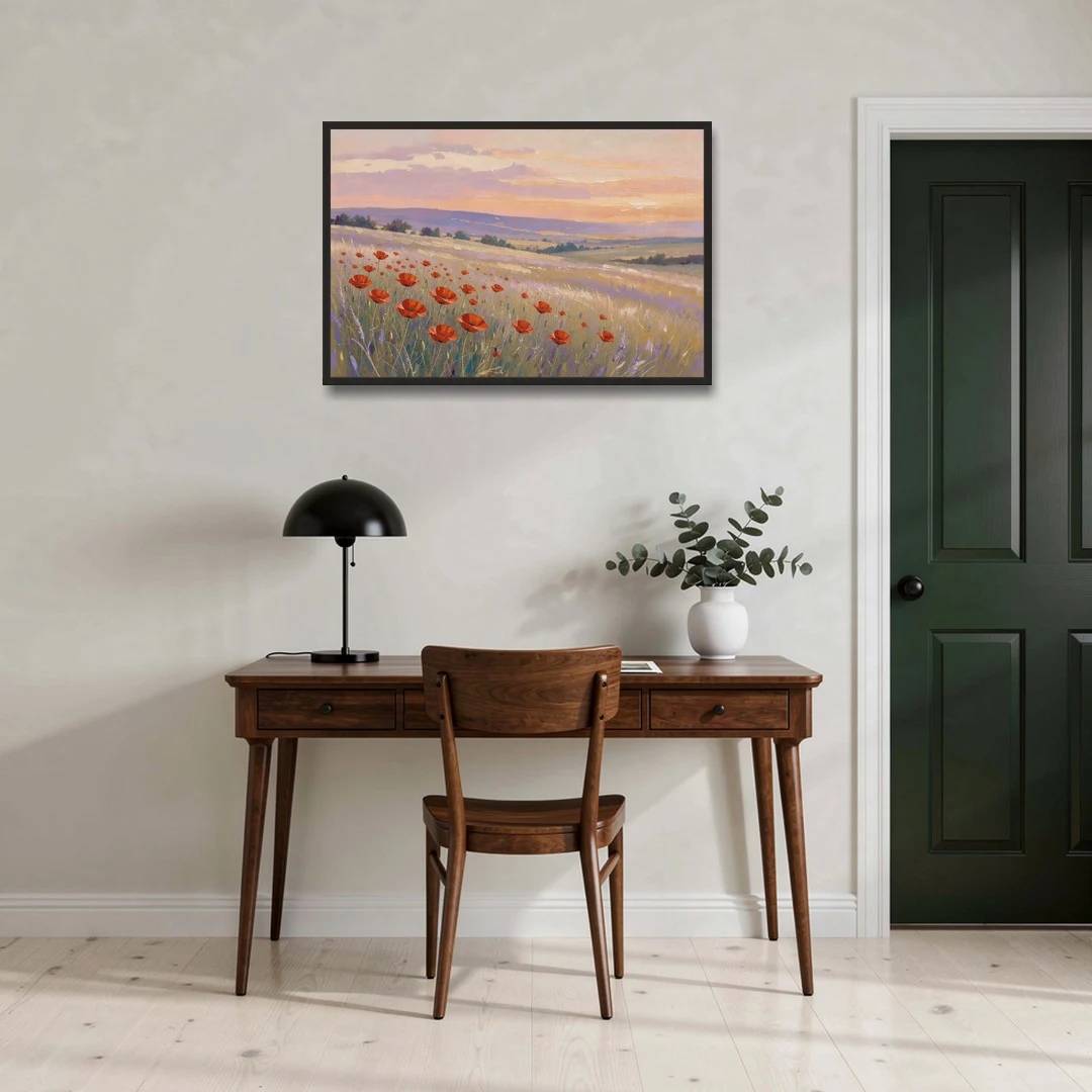 Red Poppy Meadow at Twilight - Black Framed Canvas Wall Art - Office - 36x24