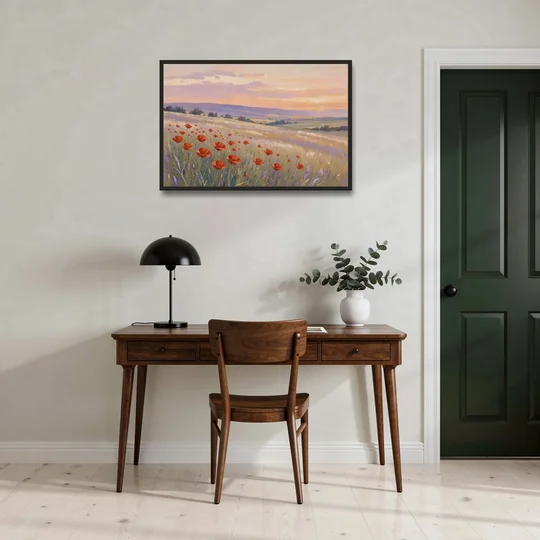 Red Poppy Meadow at Twilight - Black Framed Canvas Wall Art - Office - 36x24