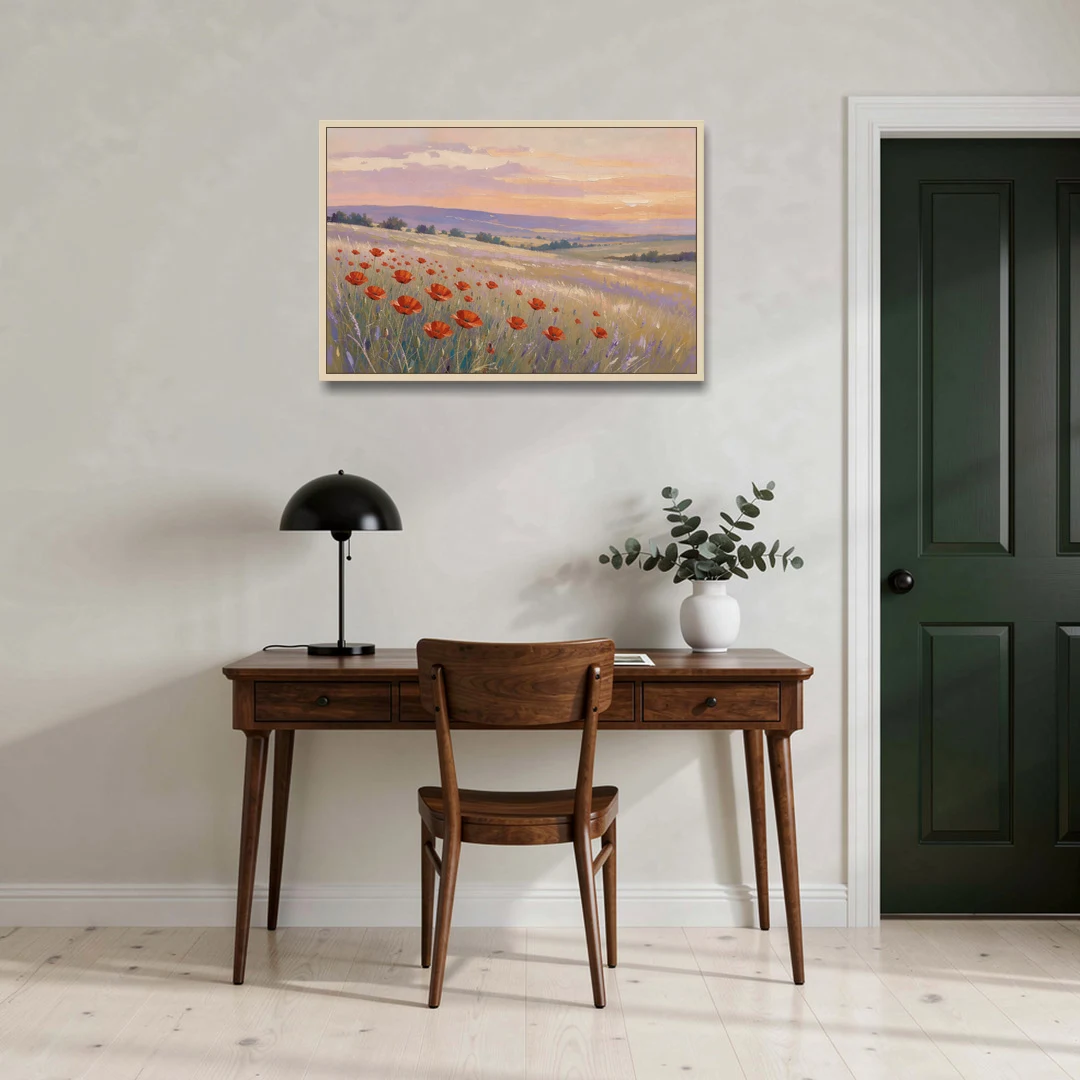 Red Poppy Meadow at Twilight - Oak Framed Canvas Wall Art - Office - 36x24
