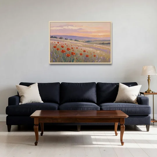 Red Poppy Meadow at Twilight - Oak Framed Canvas Wall Art - Sofa - 36x24