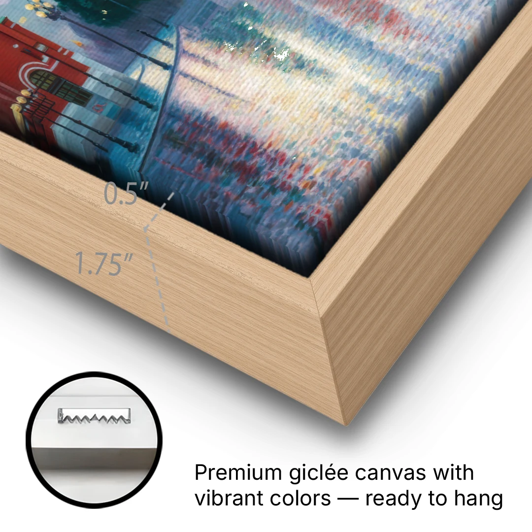 Red Square Reflections - Oak Framed Canvas Wall Art - Gallery Wrap Corner