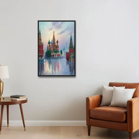 Red Square Reflections - Black Framed Canvas Wall Art - Sofa - 24x36