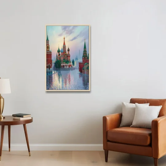 Red Square Reflections - Oak Framed Canvas Wall Art - Sofa - 24x36