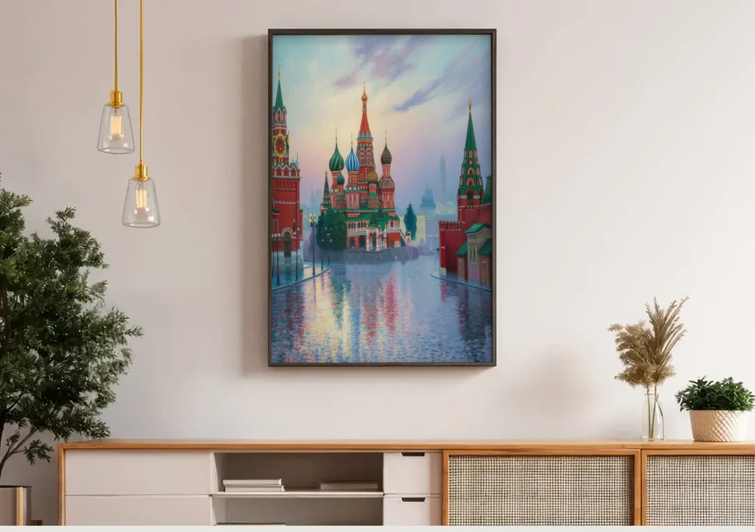 Red Square Reflections canvas wall art above a wooden sideboard under pendant lights