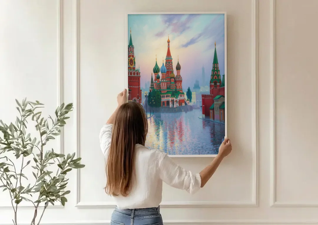 Red Square Reflections canvas wall art being hung on a paneled wall