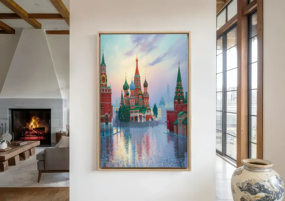 Red Square Reflections canvas wall art in a living room with a fireplace