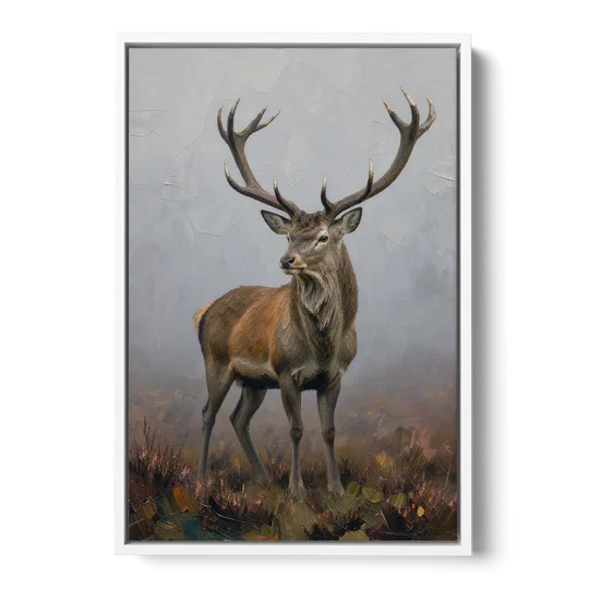 Red Stag in the Moor Fog for a Men's Study Room - White Framed Canvas Wall Art - Front