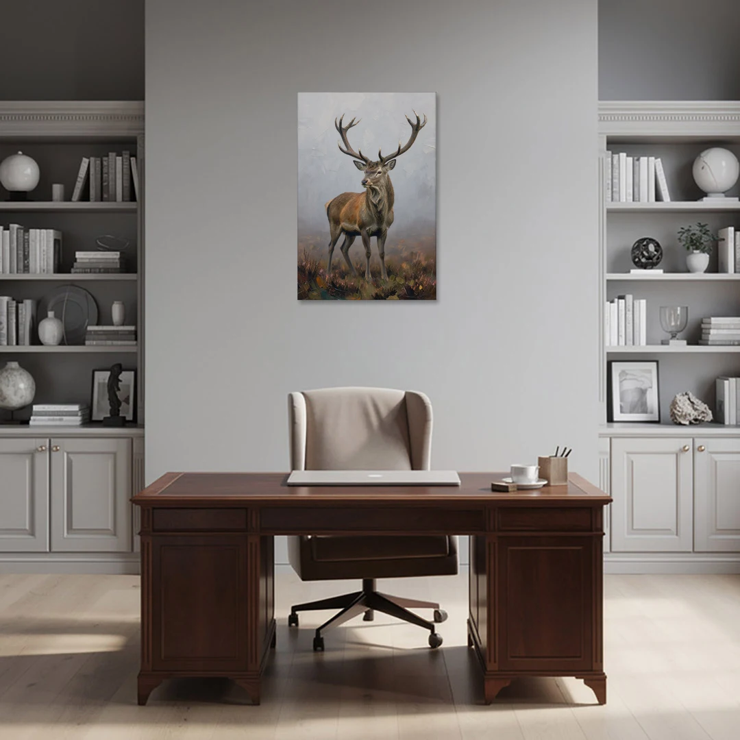 Red Stag in the Moor Fog for a Men's Study Room - Canvas Wall Art - Office - 24x36