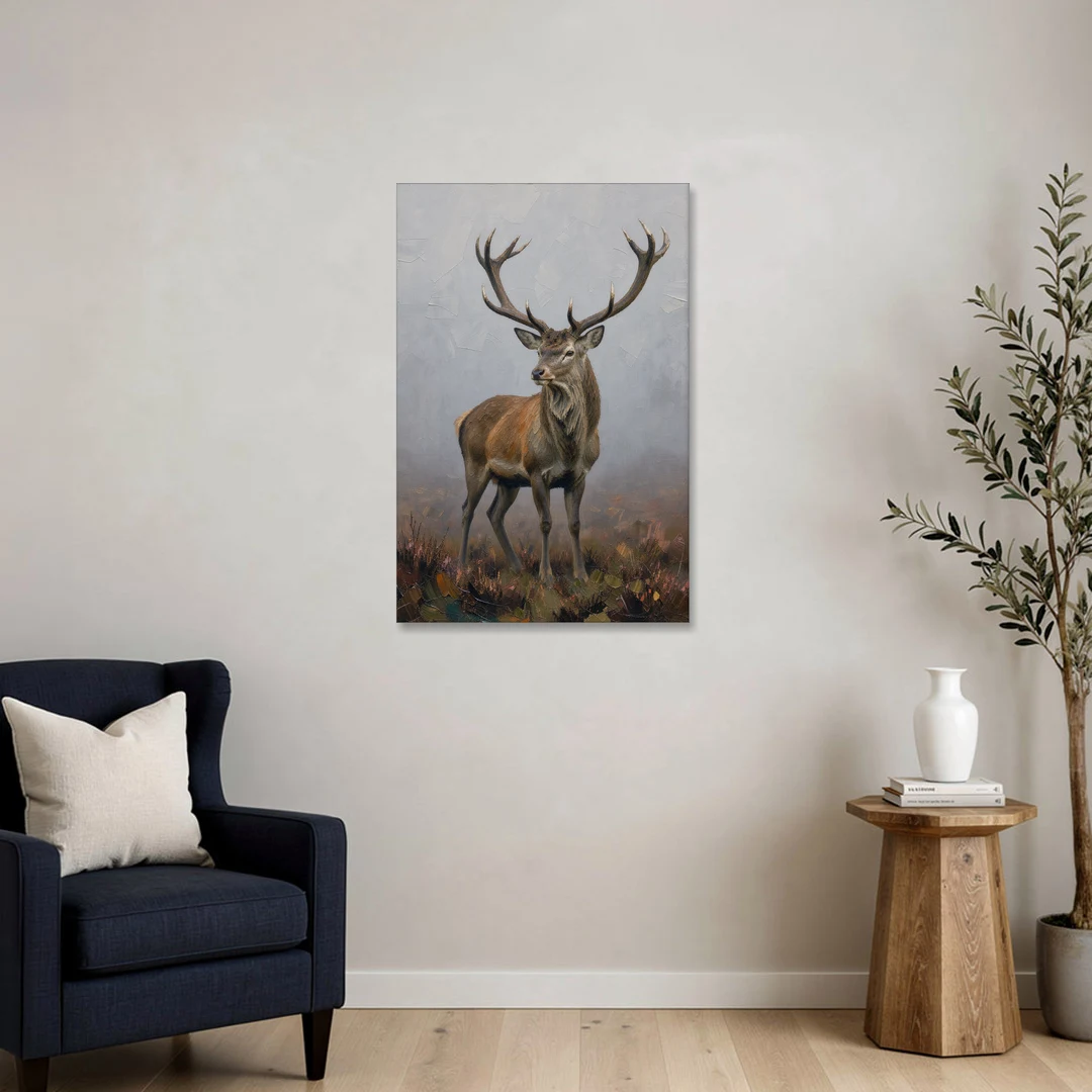 Red Stag in the Moor Fog for a Men's Study Room - Canvas Wall Art - Sofa - 24x36