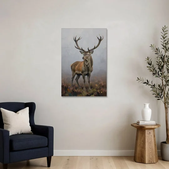Red Stag in the Moor Fog for a Men's Study Room - Canvas Wall Art - Sofa - 24x36