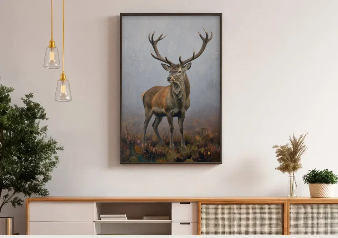 Red Stag in the Moor Fog for a Men's Study Room canvas wall art above a wooden sideboard under pendant lights