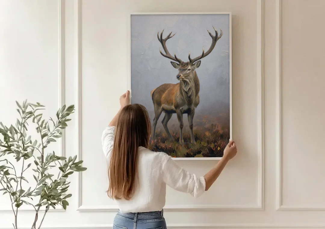 Red Stag in the Moor Fog for a Men's Study Room canvas wall art being hung on a paneled wall