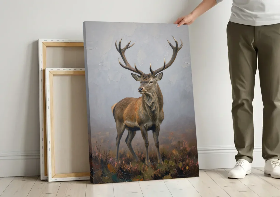 Red Stag in the Moor Fog for a Men's Study Room canvas wall art leaning against a wall next to blank canvases