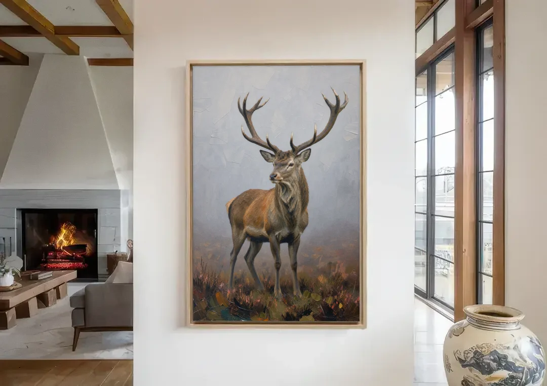 Red Stag in the Moor Fog for a Men's Study Room canvas wall art in a living room with a fireplace