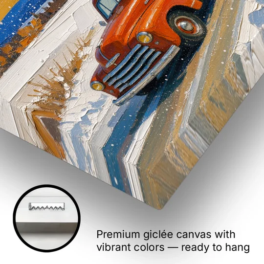 Red Truck Christmas Tree Painting on Country Road - Canvas Wall Art - Gallery Wrap Corner