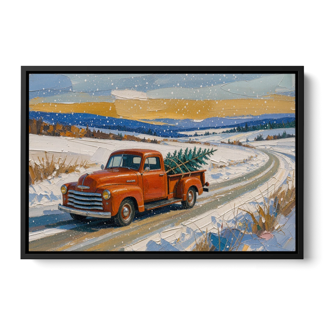 Red Truck Christmas Tree Painting on Country Road - Black Framed Canvas Wall Art - Front