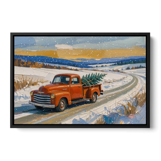 Red Truck Christmas Tree Painting on Country Road - Black Framed Canvas Wall Art - Front