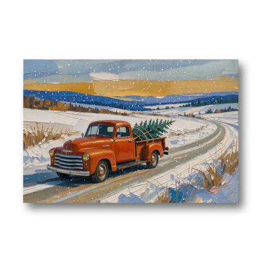 Red Truck Christmas Tree Painting on Country Road - Canvas Wall Art - Front