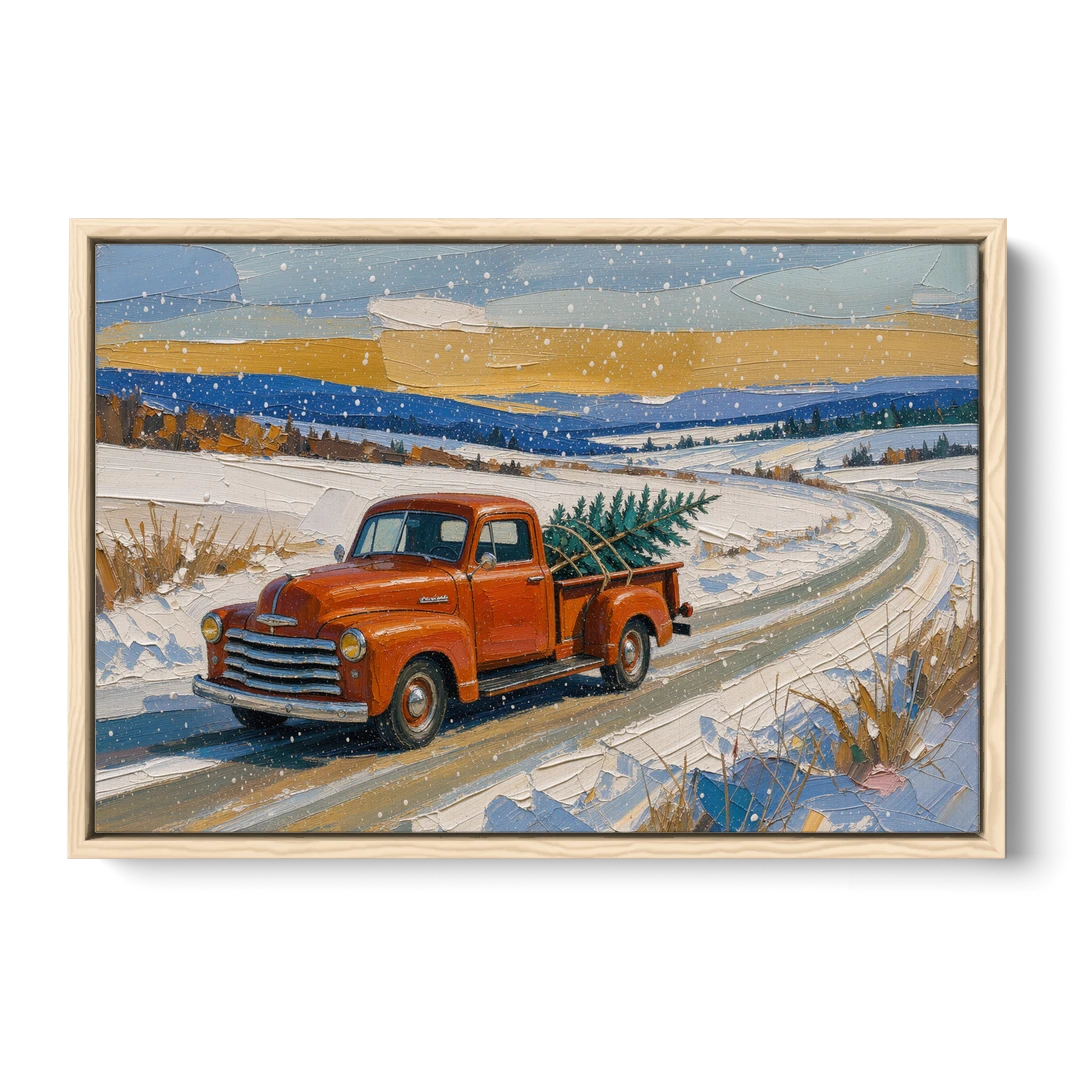 Red Truck Christmas Tree Painting on Country Road - Oak Framed Canvas Wall Art - Front