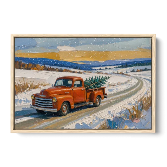 Red Truck Christmas Tree Painting on Country Road - Oak Framed Canvas Wall Art - Front