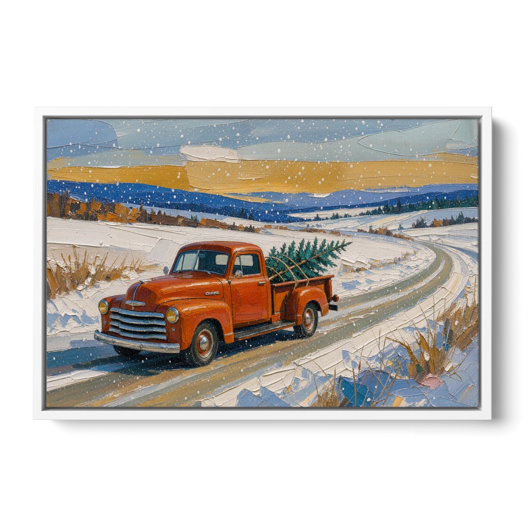 Red Truck Christmas Tree Painting on Country Road - White Framed Canvas Wall Art - Front