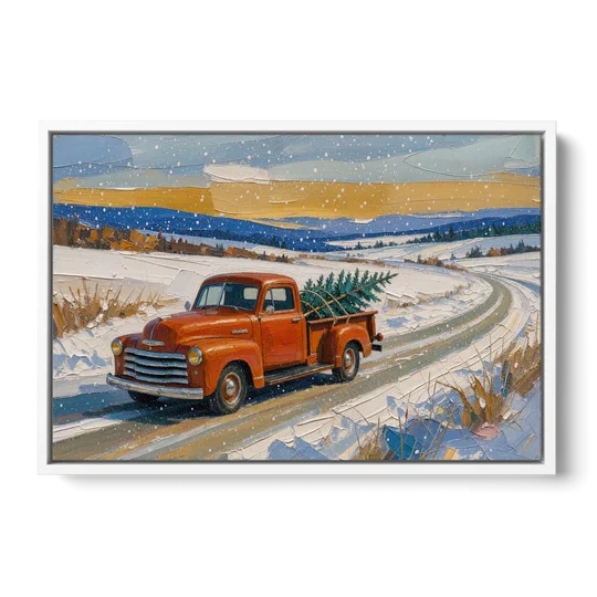 Red Truck Christmas Tree Painting on Country Road - White Framed Canvas Wall Art - Front