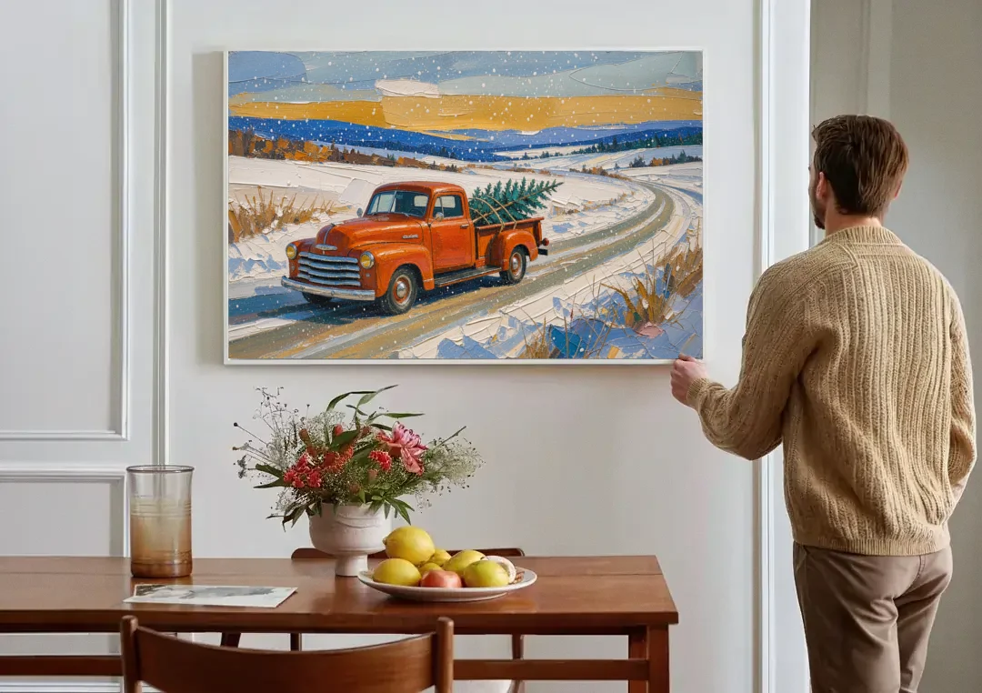 Red Truck Christmas Tree Painting on Country Road canvas wall art above a dining table
