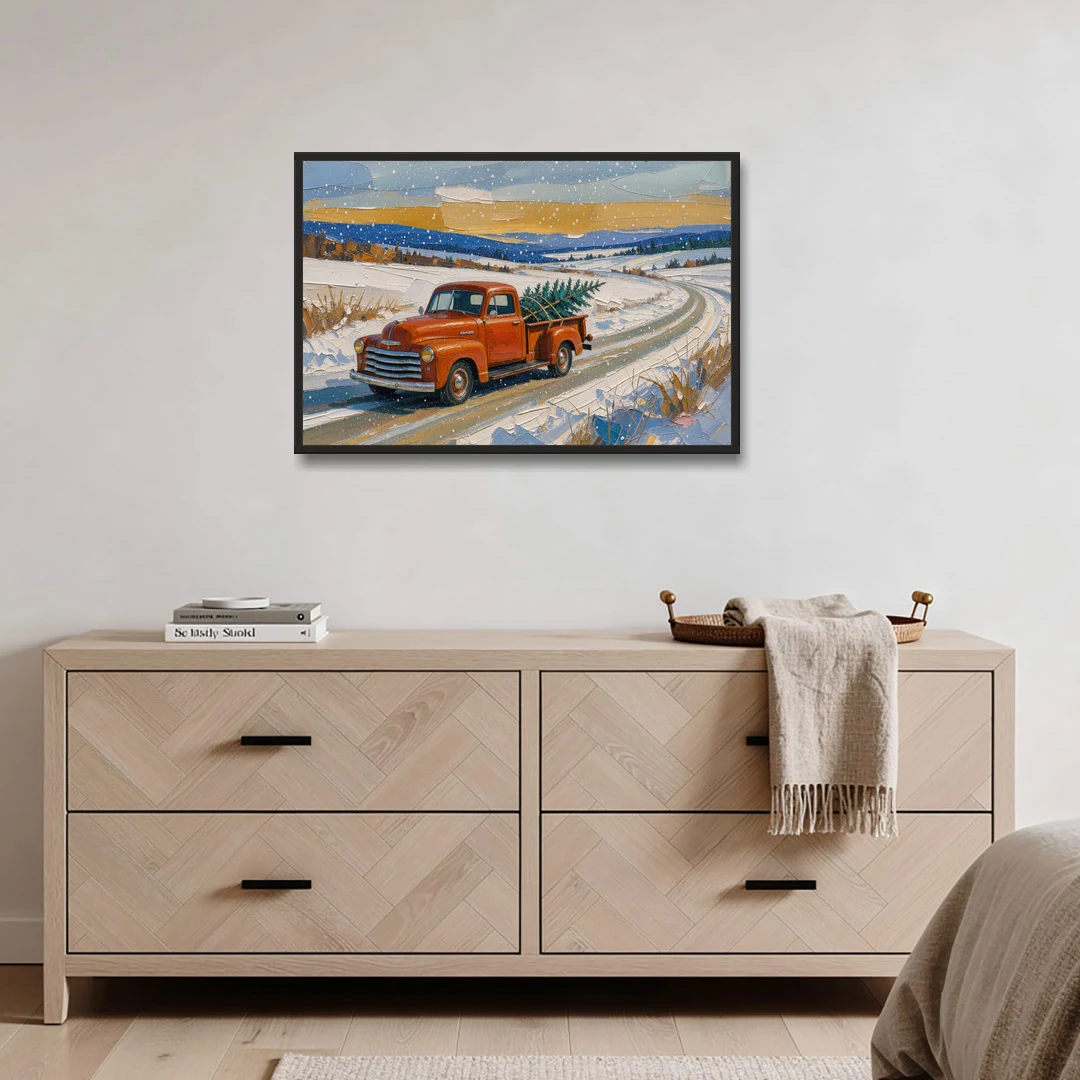 Red Truck Christmas Tree Painting on Country Road - Black Framed Canvas Wall Art - Coffee Table - 36x24