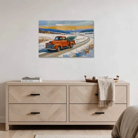 Red Truck Christmas Tree Painting on Country Road - Canvas Wall Art - Coffee Table - 36x24