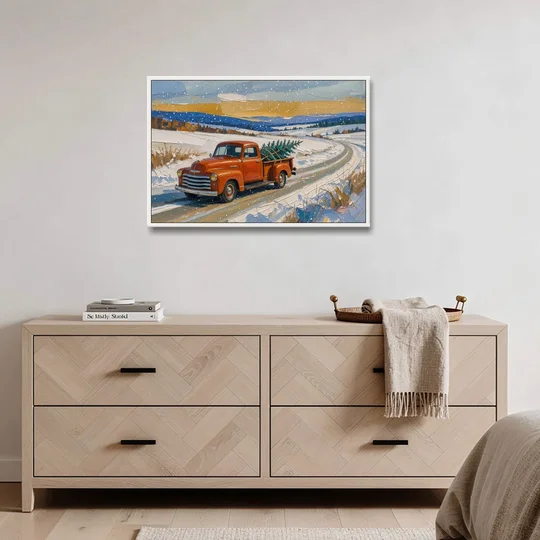 Red Truck Christmas Tree Painting on Country Road - White Framed Canvas Wall Art - Coffee Table - 36x24
