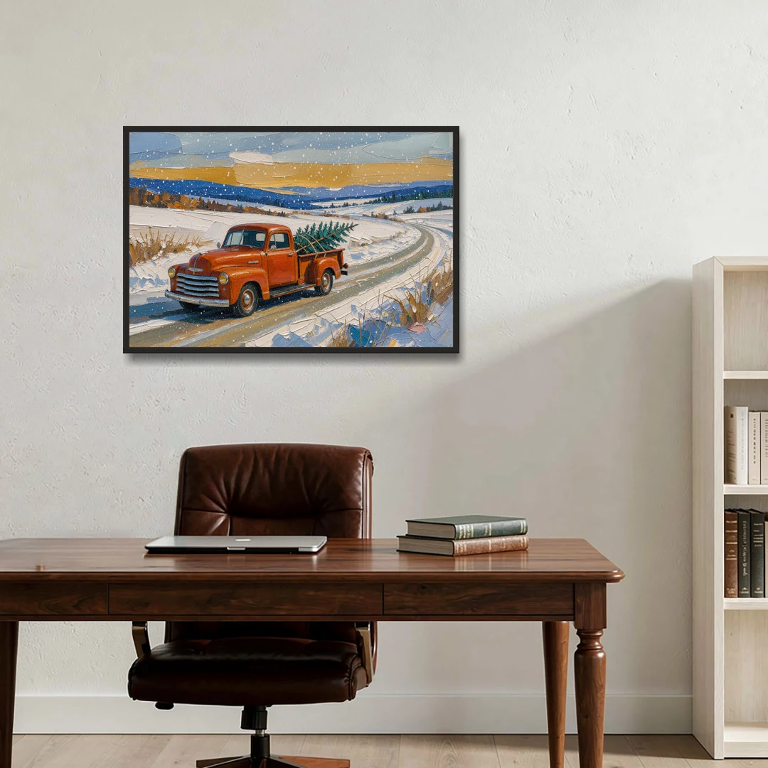Red Truck Christmas Tree Painting on Country Road - Black Framed Canvas Wall Art - Office - 36x24