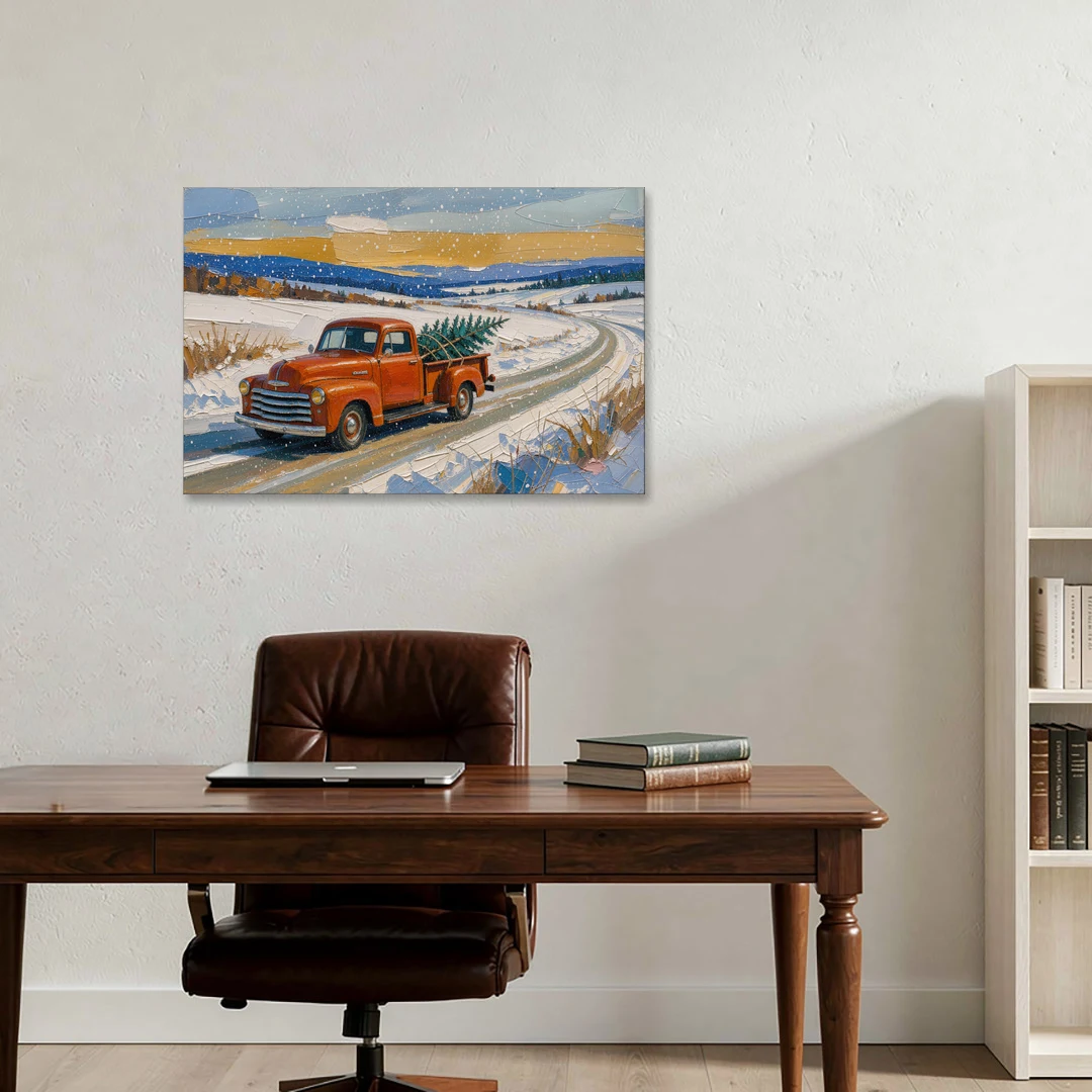 Red Truck Christmas Tree Painting on Country Road - Canvas Wall Art - Office - 36x24