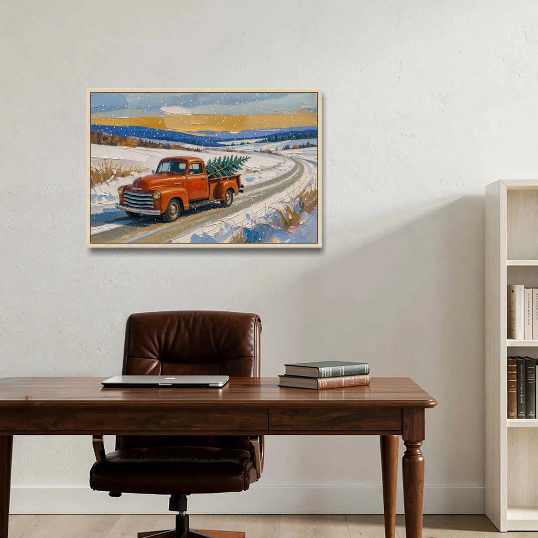 Red Truck Christmas Tree Painting on Country Road - Oak Framed Canvas Wall Art - Office - 36x24