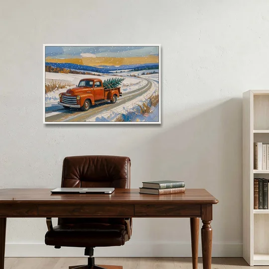 Red Truck Christmas Tree Painting on Country Road - White Framed Canvas Wall Art - Office - 36x24