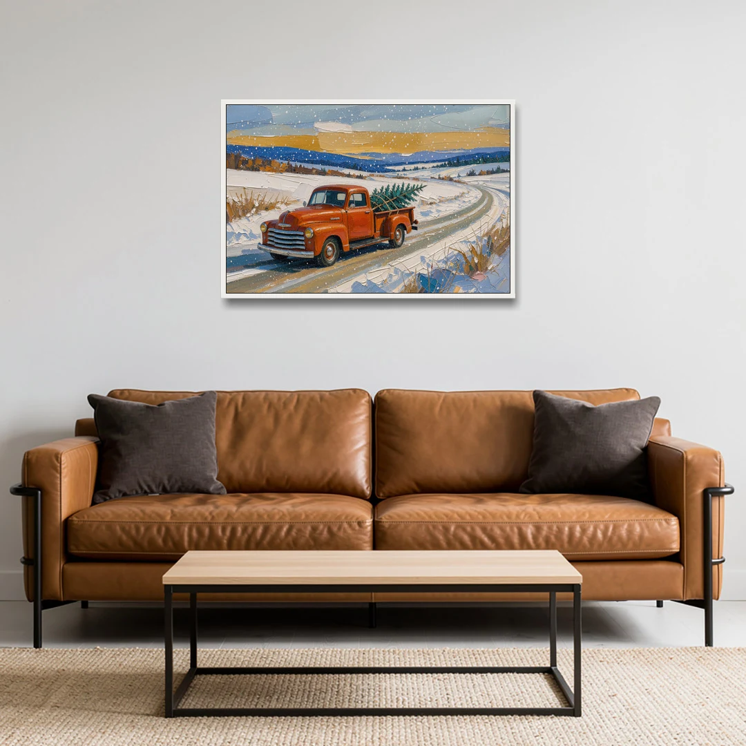 Red Truck Christmas Tree Painting on Country Road - White Framed Canvas Wall Art - Sofa - 36x24