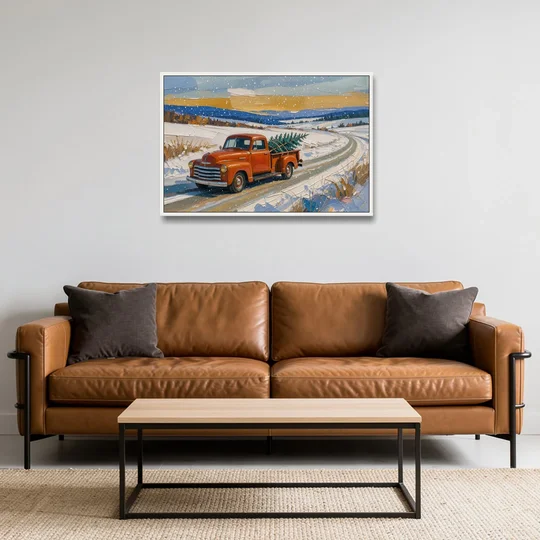 Red Truck Christmas Tree Painting on Country Road - White Framed Canvas Wall Art - Sofa - 36x24