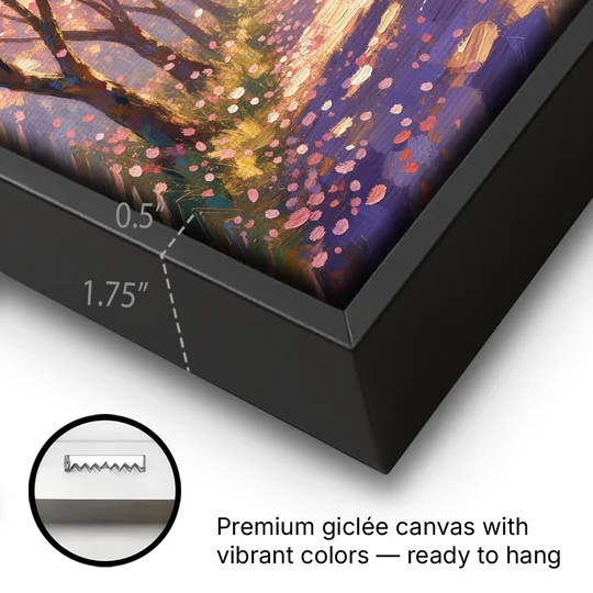 Red Umbrella Under Sakura in Impressionist Style - Black Framed Canvas Wall Art - Gallery Wrap Corner
