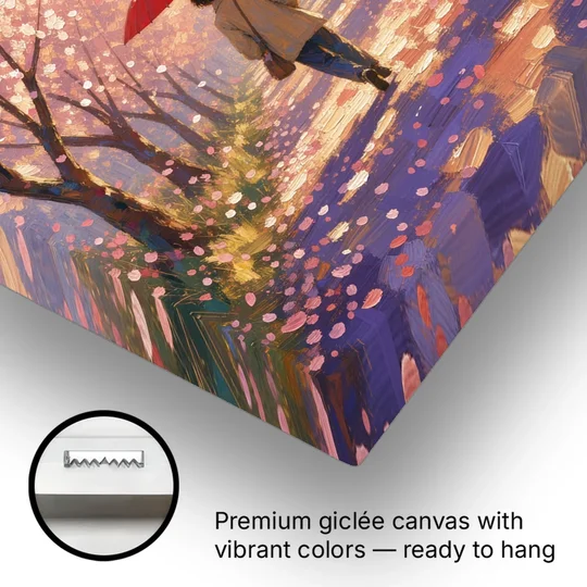 Red Umbrella Under Sakura in Impressionist Style - Canvas Wall Art - Gallery Wrap Corner