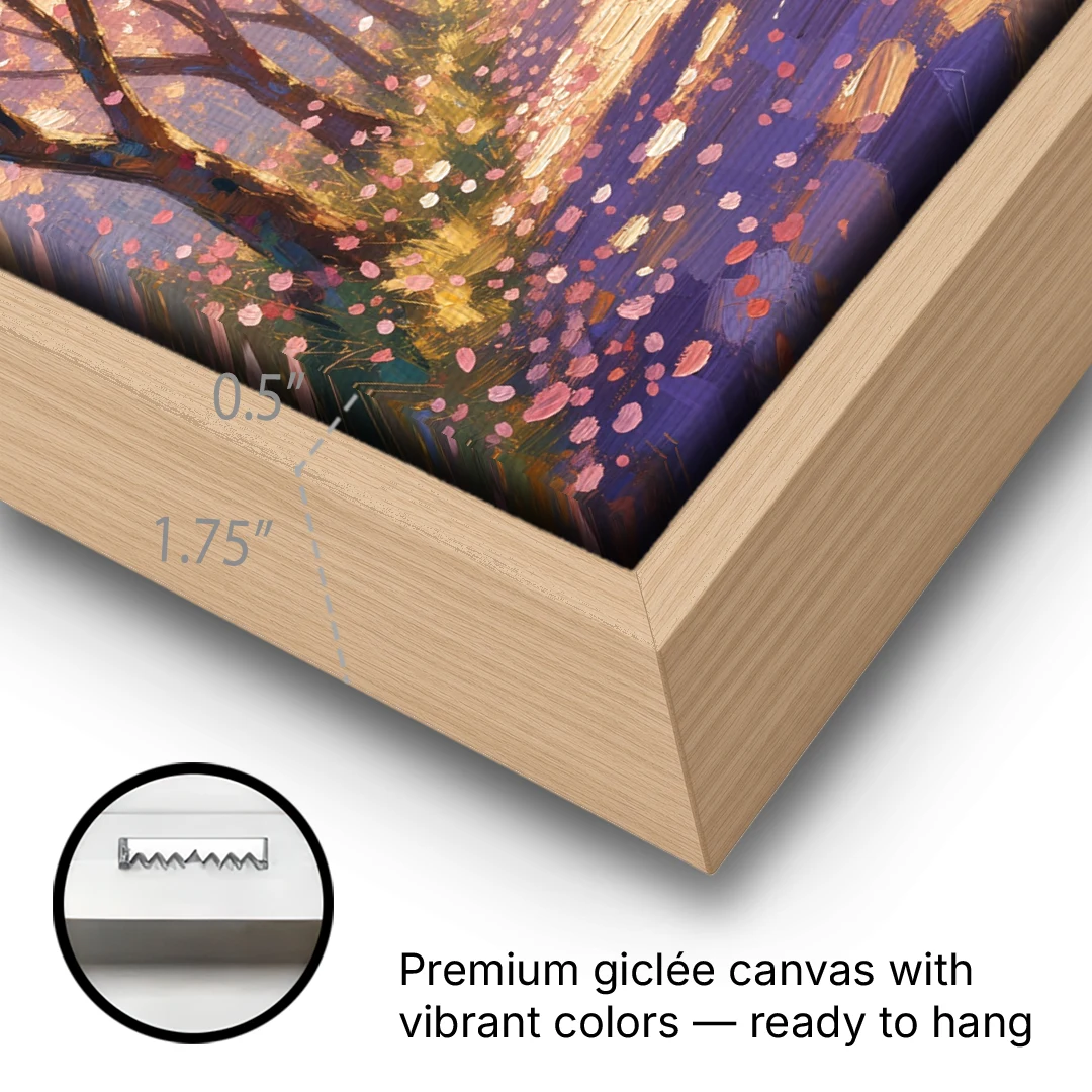 Red Umbrella Under Sakura in Impressionist Style - Oak Framed Canvas Wall Art - Gallery Wrap Corner