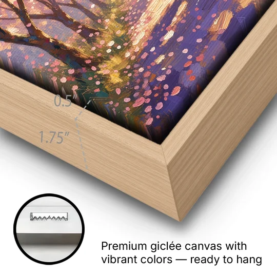 Red Umbrella Under Sakura in Impressionist Style - Oak Framed Canvas Wall Art - Gallery Wrap Corner